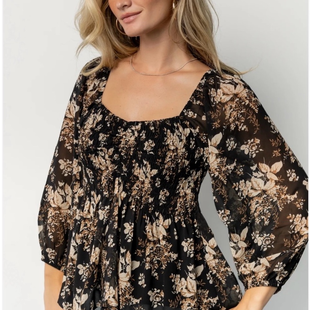 Baltic Born Fenna Smocked top Black and Cream Floral Blouse